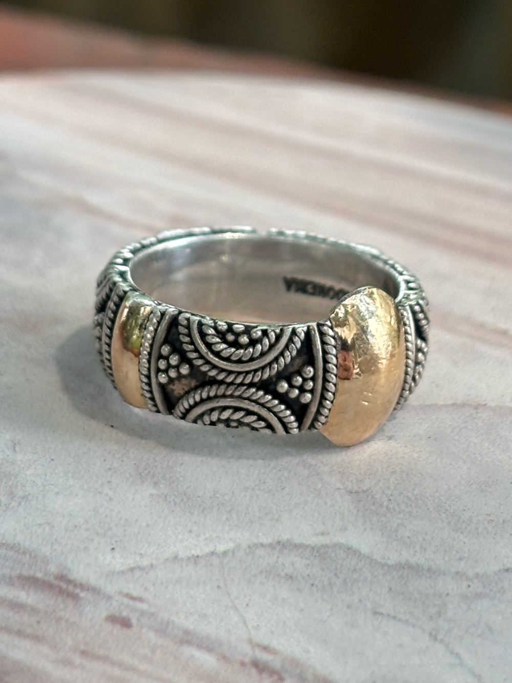 UARTI BA Bali 925 Sterling Silver 18K Yellow Gold Scroll Band Ring Size 6.75 8g
